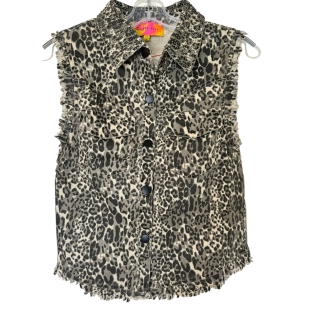 English Rose Beaded Leopard Print Button-Front Vest Black & Gray Size: S/ Med